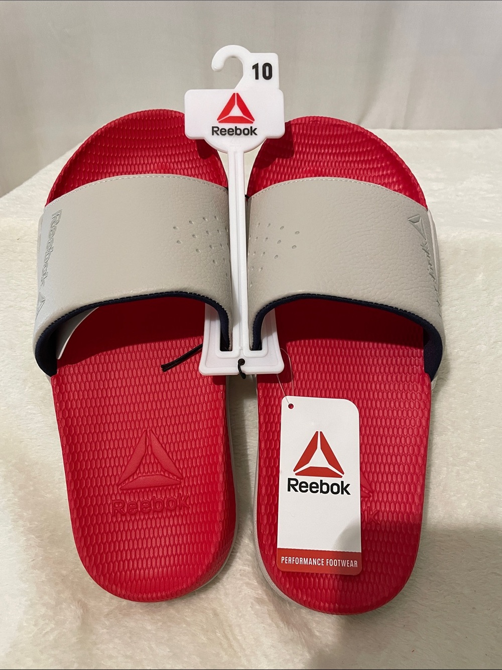 Reebok Red Footbed Gray Strap Slide Sandals